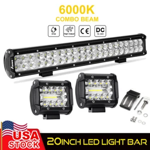 20inch LED Light Bar + 4'' 18W Pods Driving Spot Flood Truck SUV ATV 4WD Pickup - Picture 1 of 17