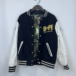A BATHING APE BAPE SNAP FRONT VARSITY JACKET Sz Med OVO Owl Leather Sleeves Wool - Picture 1 of 22
