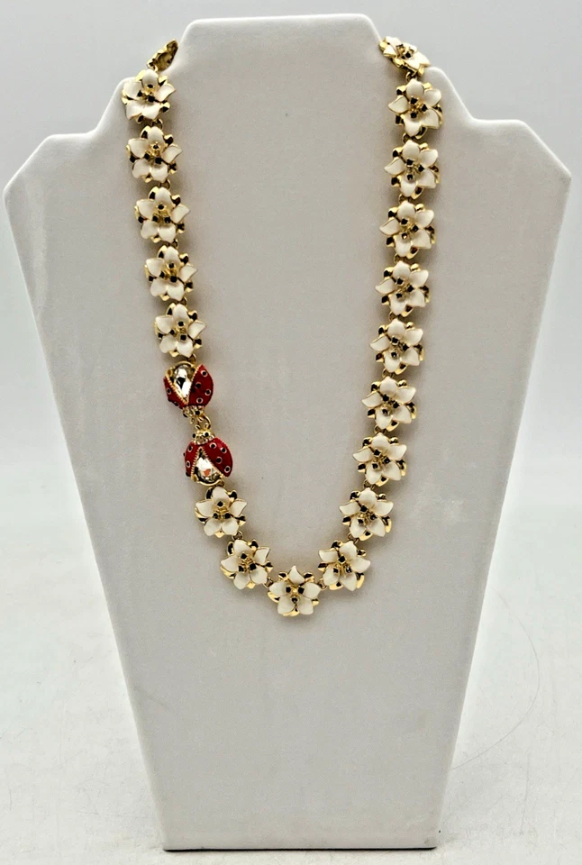 COLLAR TALBOTS LADYBUG CON FLORES ESMALTADAS BLANCAS 18"+ NUEVO CON ETIQUETAS Foto 1 de 4