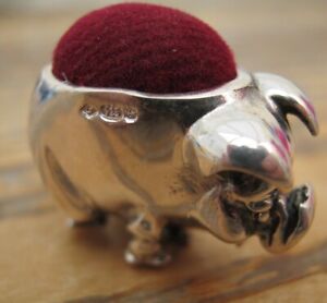 Edwardian Style English Hallmarked Sterling Silver Pig Pin Cushion - Red Velvet