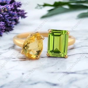 925 Sterling Silver 8x6 mm Emerald Cut Natural Peridot Ring Citrine Adjustable - Picture 1 of 4