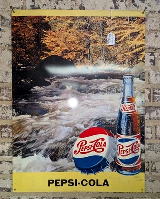 Very Rare Original 1960s Tin Litho 28" Pepsi-Cola Mountain Waterfall Metal Sign - Image 1 of 2