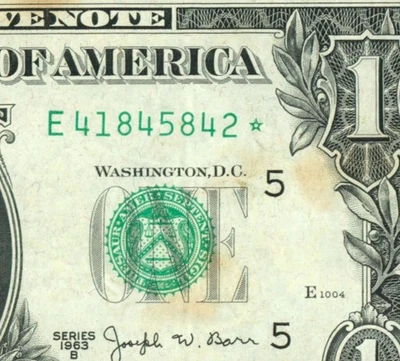 ** ЗВЕЗДА ** $1 1963 ((ДЖОЗЕФ БАРР)) Федеральная резервная банкнота ** бумажная валюта - Изображение 1 из 3
