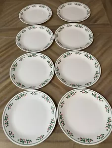 8 Vtg Corelle Winter Holly Dinner Plates 10.25" Diam. Green Band White Veins - Picture 1 of 3