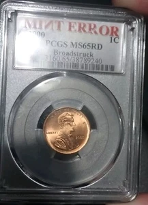 2000 Lincoln Cent Mint Error PCGS Slab Holder MS65RD Broadstruck - Picture 1 of 3