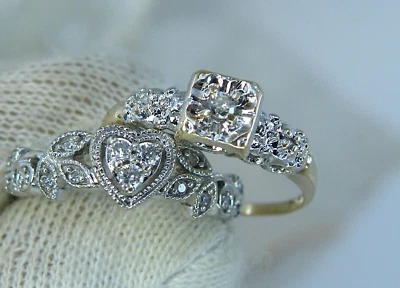 10k Gold Vintage Micro Pave Diamond 2 RING LOT Flowers Sz 4 & 5 - Image 1 of 4