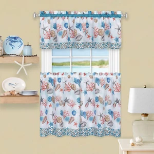 Kitchen Curtain Tier and Valance Set seashell coastal white aqua 58x36 - Picture 1 of 2