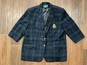 Lauren Ralph Lauren Blazer Womens Sz 22W Wool Cashmere Blend Green Plaid Crest - Picture 1 of 19