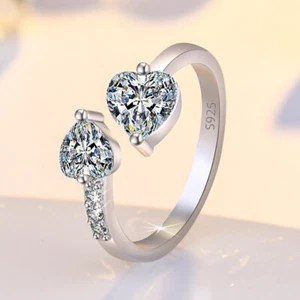 Double Heart Adjustable Ring 925 Sterling Silver Womens Girls Jewellery Gifts UK - Picture 1 of 13