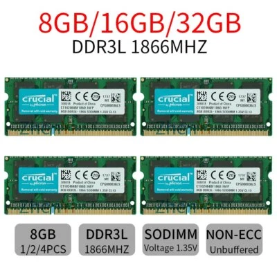 Crucial 32GB 16GB 8GB 4G PC3L DDR3L 1866MHz / 1600MHz SODIMM Laptop Memory LOT - Image 1 of 4