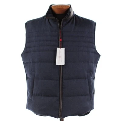 Chaleco de plumón de lana Luciano Barbera nuevo con etiquetas con detalles de cuero talla 60 (4XL EE. UU.) en azul Foto 1 de 4