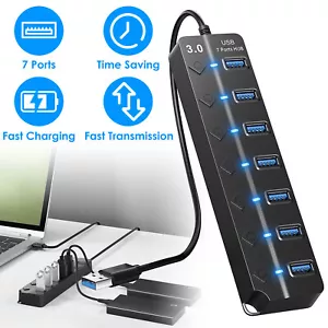 USB 3.0 Hub 7 Port On/Off Switch High Speed Splitter AC Adapter Cable PC Laptop - Picture 1 of 11