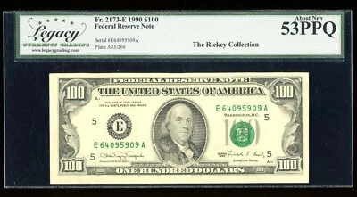 DBR 1990 $100 FRN Richmond Fr. 2173-E Legacy 53 PPQ Serial E64095909A - Image 1 of 2