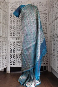 Peacock Blue Silk + 35” blouse Indian Bollywood Vintage sari saree SKU18850 - Picture 1 of 13