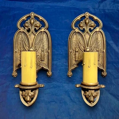 Antiguo Par de apliques de pared de velas de catedral hermoso acabado raro 135B Foto 1 de 4