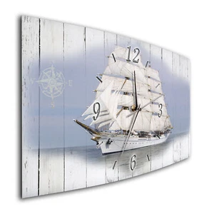 BM Wanduhr 44 cm x 22 cm leises Uhrwerk Funkwanduhr 8179-1a Segelboot Meer - Bild 1 von 4