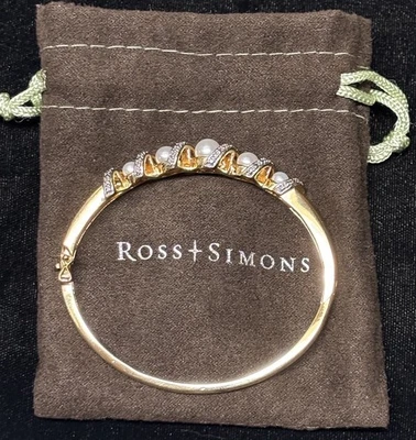 Ross Simons Sterling Silver 925 Pearl and Diamond Vermeil Bangle Bracelet w/ Box - Image 1 of 4
