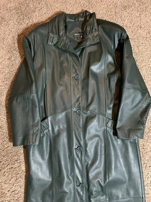 Винтажный Pelle M темно-зеленый кожаный плащ большого размера сутулиться карманы 80-х 90-х - Изображение 1 из 4
