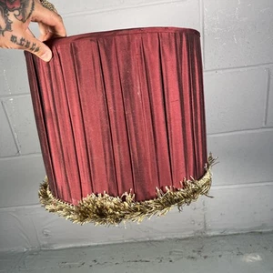 Mid Century Burgundy Red Round Golden Fringed Lampshade 34cm Wide 28cm Tall - Picture 1 of 6