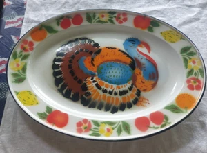 VTG Thanksgiving Turkey Enamelware Platter Metal Vibrant Color Farmhouse 17 1/2" - Picture 1 of 11