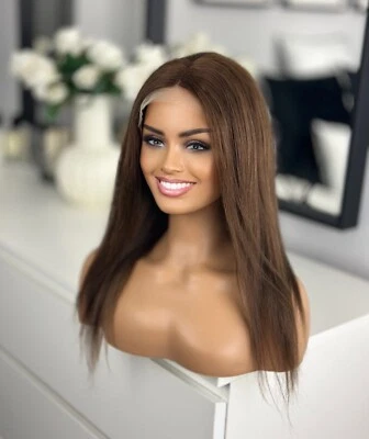 Warm Milk Chocolate Brown Lace Front 14” 20” 100% Straight Human Long Hair Wig - Image 1 of 4