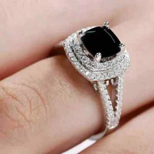 2Ct Cushion Cut Lab Created Black Diamond Double Halo Ring 14K White Gold Plated - Picture 1 of 5