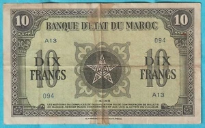 Banque D'Etat DU Maroc, 1-5-43 Dix Francs, 10, Note, Morocco Note P25 - Picture 1 of 2