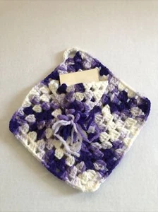Vtg Purple White Square Crochet Handmade Wall Hanging Note Pad Pen Holder - Picture 1 of 9