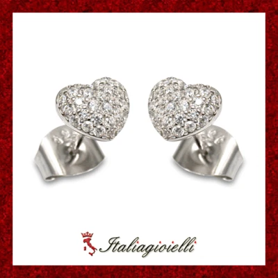 Orecchini Cuore Pavè Brillanti in Argento 925 Rodiato Oro Bianco - Immagine 1 di 4