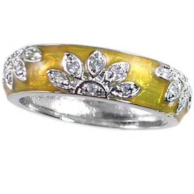 _YELLOW GOLD ENAMEL 花朵 CZ 带戒指_SZ-8_925 纯银 — 第 1/4 张图片