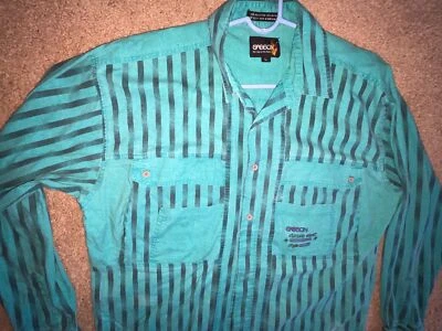 VTG 80S MENS LARGE SASSON GREEN BLACK STRIPE BUTTON LONG SLEEVE RETRO SHIRT - Image 1 of 4
