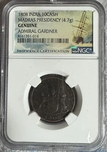 1808 Admiral Gardner Shipwreck 10 Cash NGC Genuine Coin India Madras Presidency - Picture 1 of 2