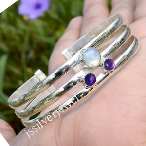Moonstone With African Amethyst Gemstone 925 Sterling Silver Cuff Bracelet - Picture 1 of 5