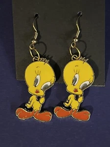 Gold Tone Tweety Bird Earrings French Wire Enameled Dangles - Picture 1 of 1