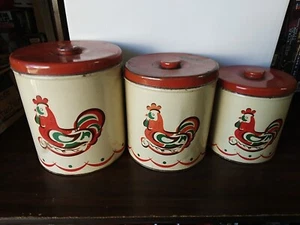 VINTAGE DECOWARE METAL COLLECTIBLE ROOSTER CANNISTERS SET OF 3 - Picture 1 of 21