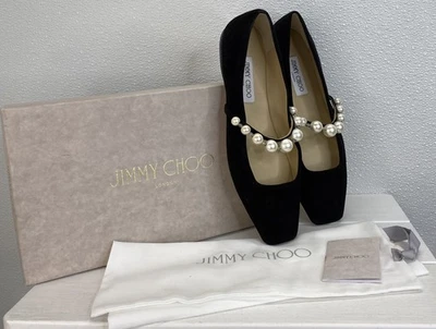 Jimmy Choo Ade Ballet Flats With Pearl Embellishments Women Size 9.5 Black Suede - Image 1 of 4