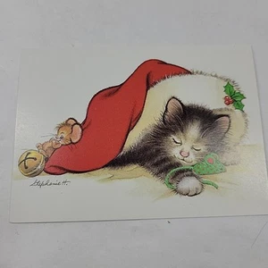 VTG Gray Tabby Kitten Cat & Mouse Santa Hat Christmas Cards & Envelopes 5 Lot - Picture 1 of 2