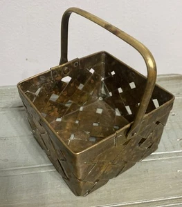 Vintage Small Brass Woven Basket 3" x 3" x 2” Great Patina Trinket Basket - Picture 1 of 5