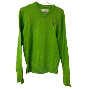 Hollister Vtg Men Sz Large Lime Green Wool Blend V Neck Sweater Logo Y2K Preppy - Picture 1 of 5