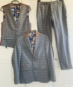 Men 3 Piece Slim Fit Suit Tailored From Next Check Suit 36S 28W 29L - Picture 1 of 15