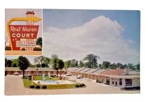SPRINGFIELD MISSOURI ROUTE 66 REST HAVEN COURT SWIMMING POOL VINTAGE POSTCARD - Foto 1 di 2