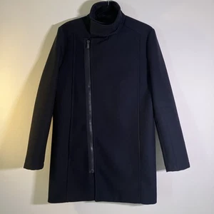 Zara Man Coat Mens Large Black Asymmetrical Zip Wool Blend Jacket Modern Style - Picture 1 of 20