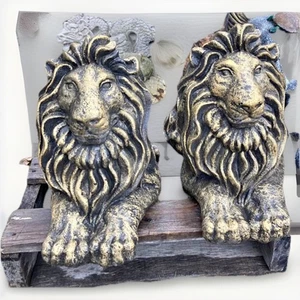 Bronze Concrete Lion Garden Statues Set of 2 Rare - Picture 1 of 2