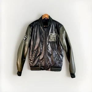 Tommy Hilfiger Varsity Leather Jacket Men Green Black - Picture 1 of 11