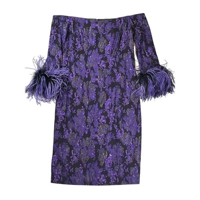 Nuevo Vestido Teri Jon por Rickie Freeman Púrpura Floral Hombro Descubierto Talla 4 Plumas Foto 1 de 4