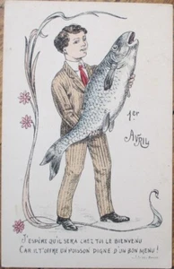 First of April Premier Avril 1905 French Art Nouveau Postcard, Man and Fish - Picture 1 of 1