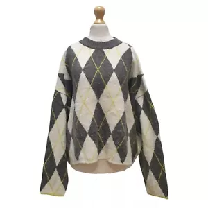 Vintage 80s Wool Jumper Pringle Grey White Argyle Cropped Knit Women's uk XL 14 - Picture 1 of 6