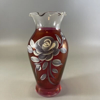 Westmoreland Glass Ruby Flash Red Vase Hand Painted Rose 5.5 In. Tall Vintage - Image 1 of 4