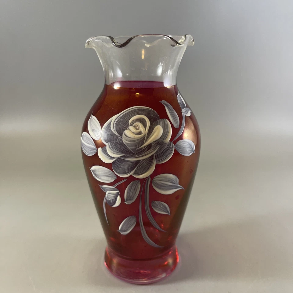 Westmoreland Glass Ruby Flash Red Vase Hand Painted Rose 5.5 In. Tall Vintage - Image 1 of 4