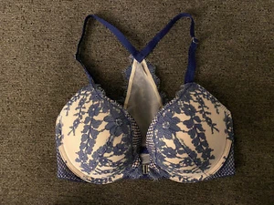 Victoria's Secret Dream Angels Push-Up Front Close Bra 34D Blue Lace Ivory - Picture 1 of 9